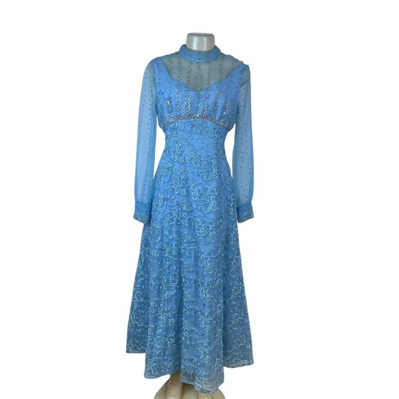 Vintage Womens Blue Embellished Sheer Long-Sleeve Gown With Beaded Overlay - Picture 1 of 16